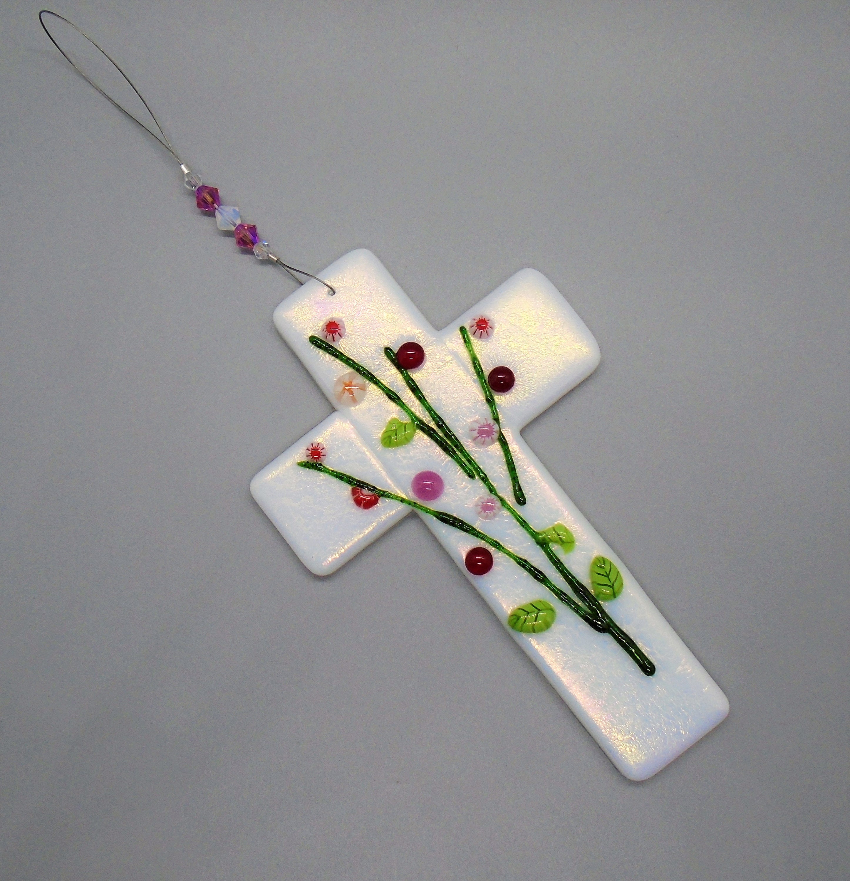 Small White Iridescent Fused Glass Easter Cross, Fused Glass Religious Cross with Flower Spray, Housewarming Gift, Dichroic Cross