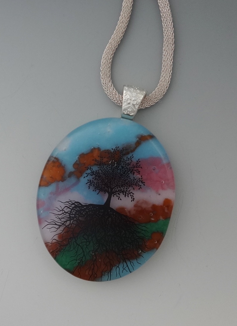 Blue and Pink Glass Pendant Tree of Life Pendant Stone Look Glass Pendant -Tree of Life Fused Glass Pendant Oval Fused Glass Pendant