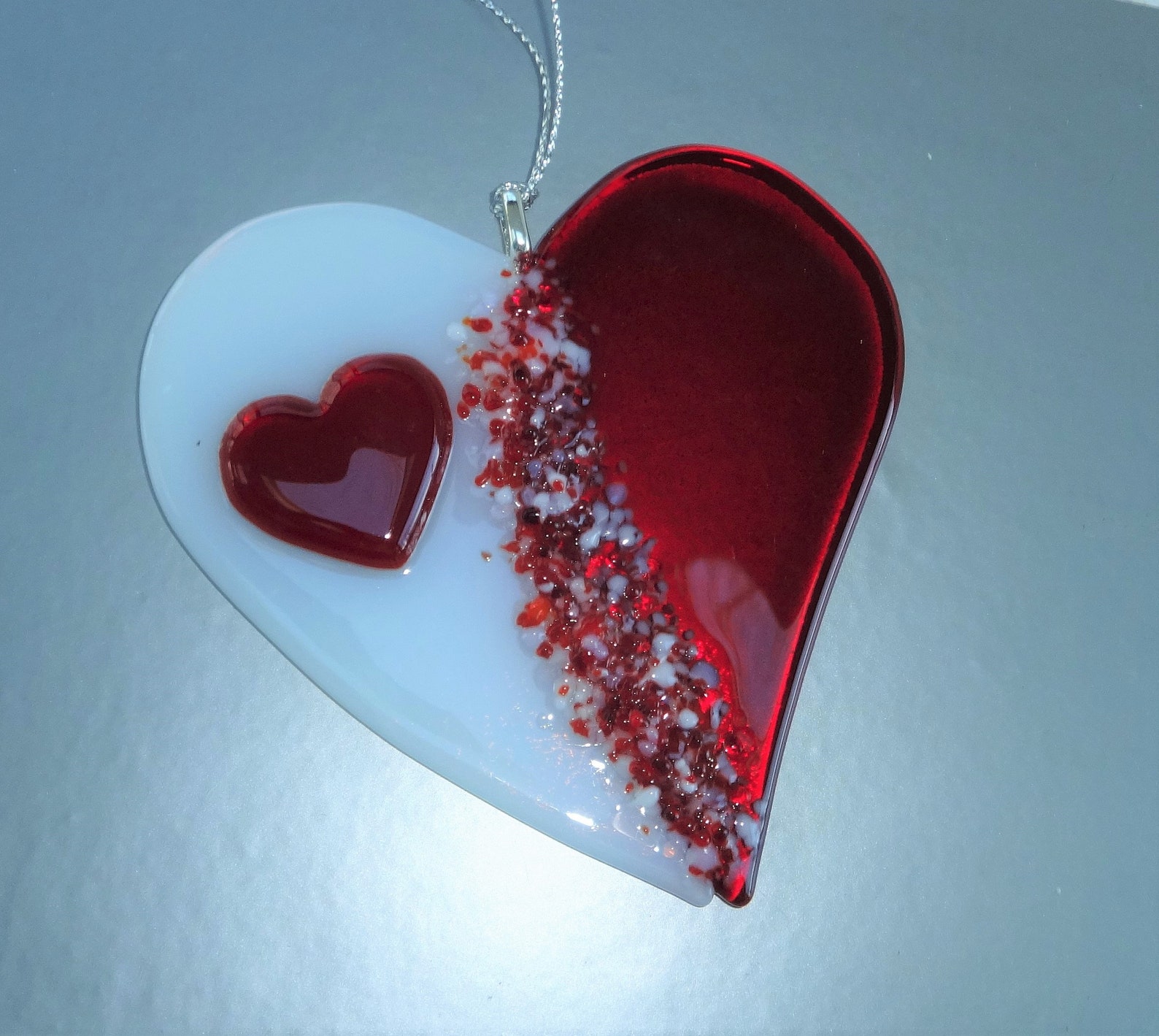 Fused Glass Valentine Heart Suncatcher Red and White Glass Etsy