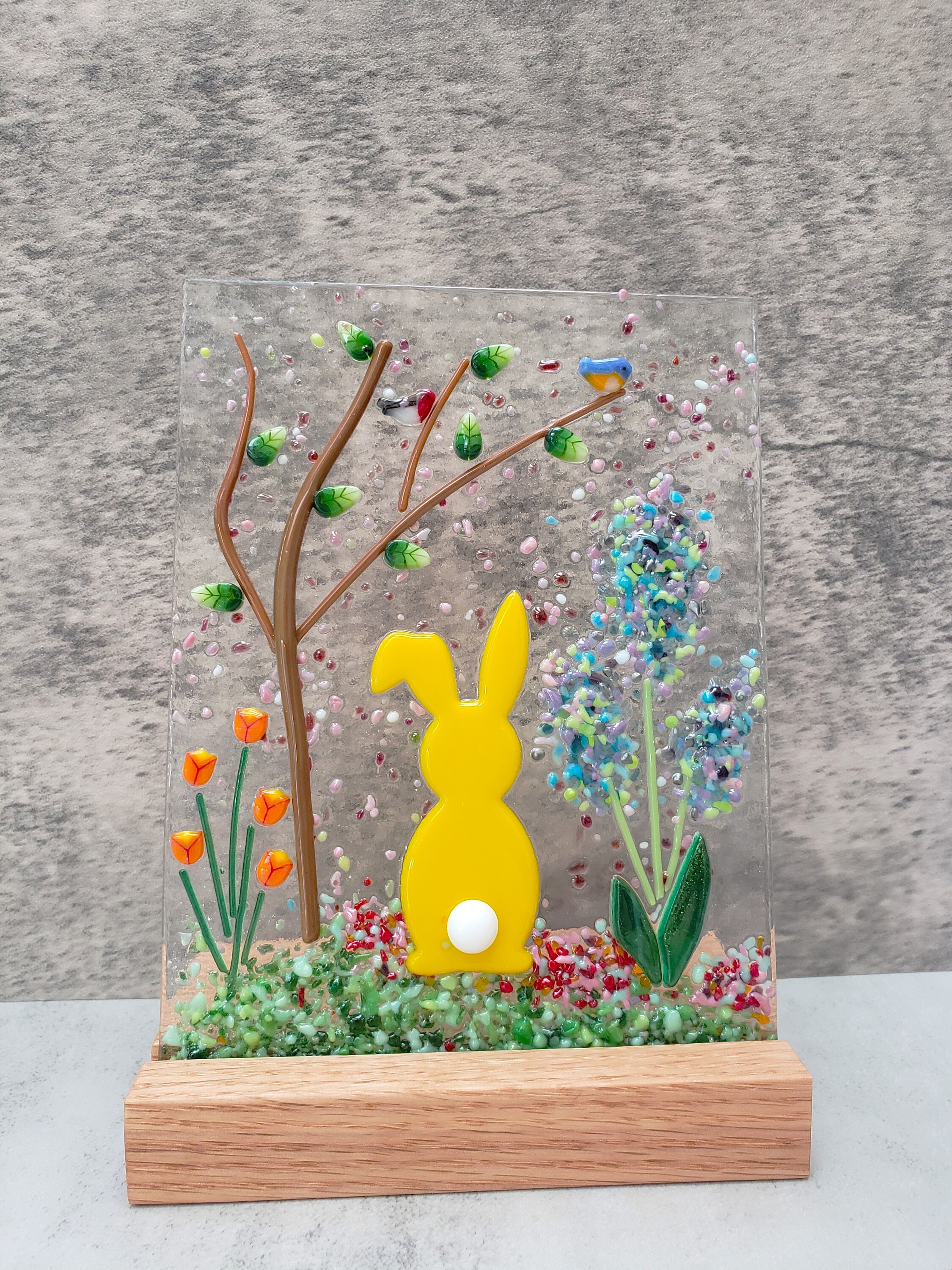 Fused Glass Rabit Fused Glass Rabbit Garden Panel With Oak Stand, Spring Decor - Etsy UK