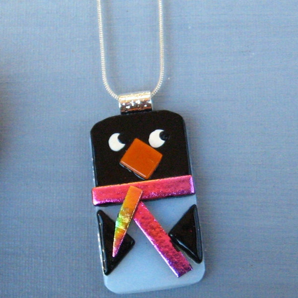 Fused Glass Penguin Pendant, Holiday Jewelry, Winter Pendant, Christmas Pendant, Penguin Pendant