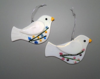 Blue or Pink Fused Glass White Iridescent Easter Dove, Religious Gift, Confirmation, Wedding Flowery Bird Sun Catcher, Garden Art,