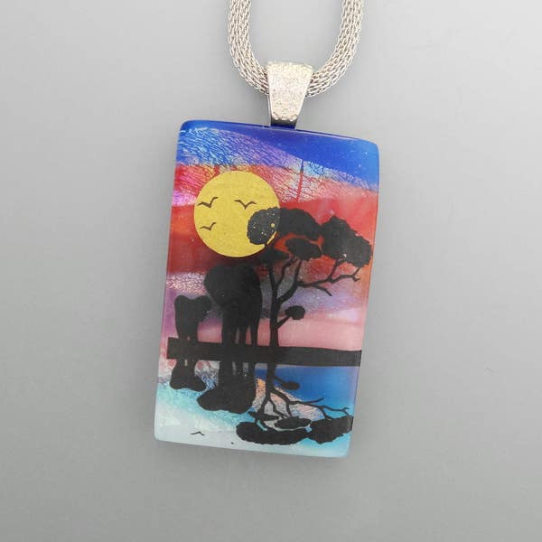 African Inspired Scenic Pendant, Fused Glass Elephant Pendant, Safari Scene,  Dichroic Glass Jewelry, Landscape Pendant, Mom and Me