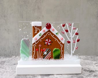 Fused Glass Dark Gingerbread House Panel with Stand, Table Top Holiday Decoration, Fused Glass Christmas Decoration