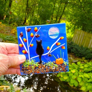 Fused Glass Halloween Scene with Stand or Tealight, Table Top Holiday Decoration, Black Cat in Tree Fused Glass Panel