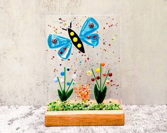 Fused Glass Nature Panel with Wooden Stand, Dark Blue Dichroic Fused Glass Butterfly Panel, Garden Candle Screen, Spring Summer Suncatcher