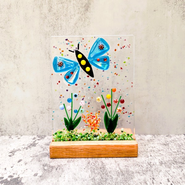 Fused Glass Nature Panel with Wooden Stand, Dark Blue Dichroic Fused Glass Butterfly Panel, Garden Candle Screen, Spring Summer Suncatcher