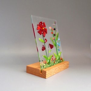Red Fused Glass Flower Garden with Wooden Stand, Fused Glass Nature Panel, Garden Candle Screen, Garden Art, Spring Summer Suncatcher image 3