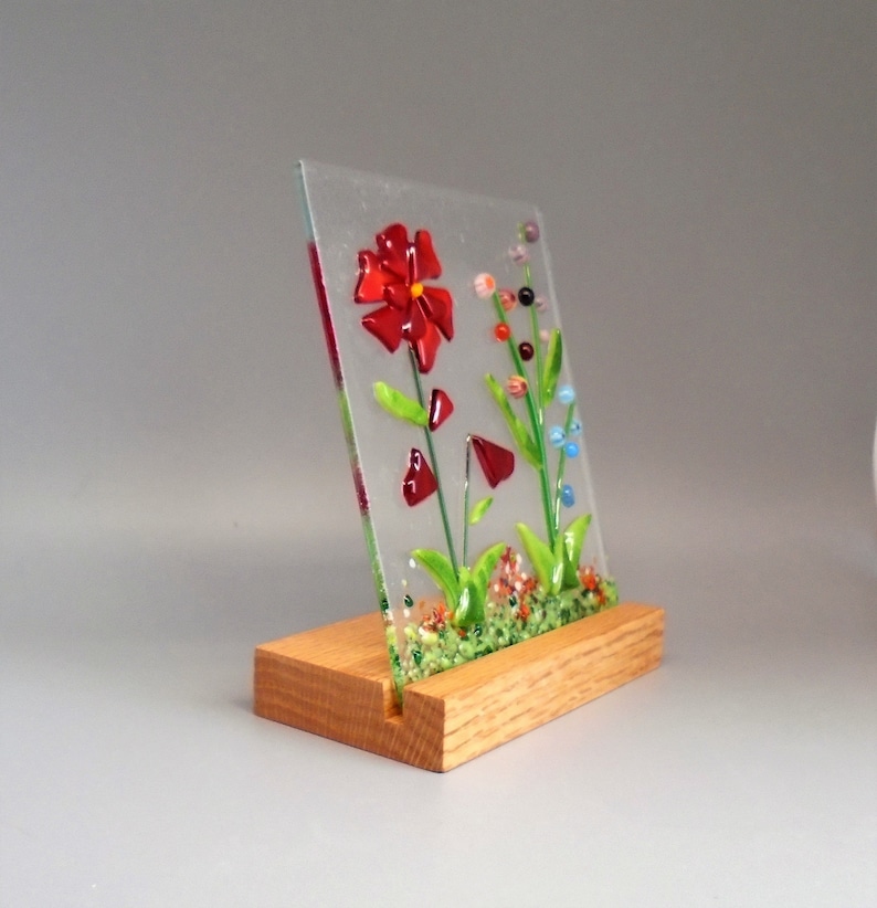 Red Fused Glass Flower Garden with Wooden Stand, Fused Glass Nature Panel, Garden Candle Screen, Garden Art, Spring Summer Suncatcher image 3
