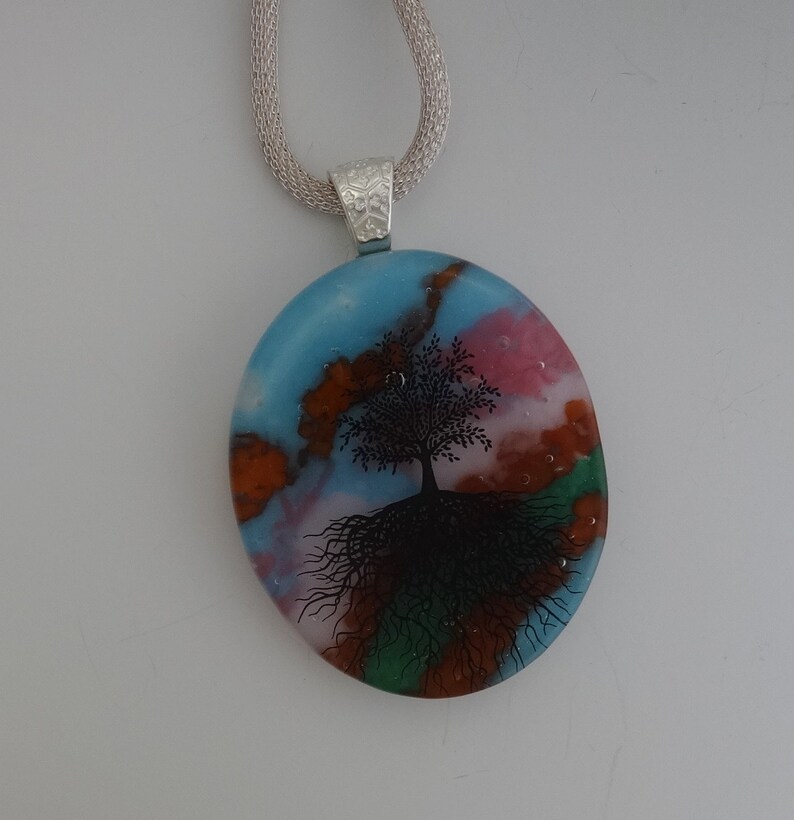 Blue and Pink Glass Pendant Tree of Life Pendant Stone Look Glass Pendant -Tree of Life Fused Glass Pendant Oval Fused Glass Pendant