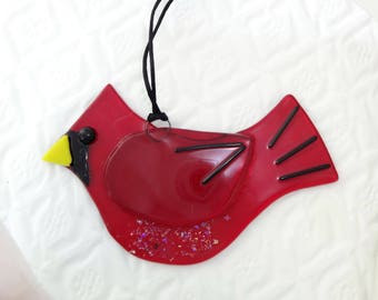 Fused Glass Cardinal Suncatcher, Red Fused Glass Bird, Garden Art, Red Stained Glass Bird Suncatcher, Red Bird Ornament
