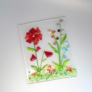 Red Fused Glass Flower Garden with Wooden Stand, Fused Glass Nature Panel, Garden Candle Screen, Garden Art, Spring Summer Suncatcher image 5