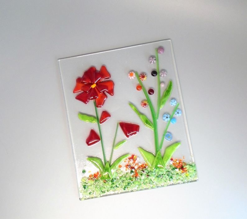 Red Fused Glass Flower Garden with Wooden Stand, Fused Glass Nature Panel, Garden Candle Screen, Garden Art, Spring Summer Suncatcher image 5