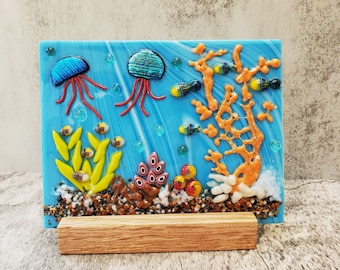 Dichroic Fused Glass Jelly Fish Panel, Garden Candle Screen, Seascape, Ocean Scene, Florida Nature Panel with Wooden Stand