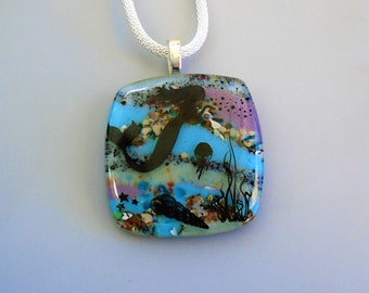 Seascape Pendant, Ocean Scene Pendant, Mermaid Pendant,  Square Fused Glass Pendant,  Stone Look Glass Pendant - Beach Scene Pendant