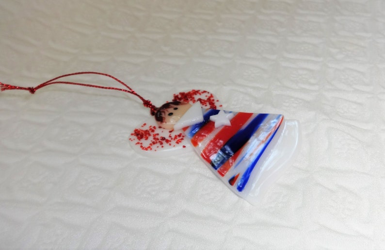 Small Red, White and Blue Fused Glass Angel, Patriotic Angel, 4th of July, Memorial Day, Military Stained Glass Angel Suncatcher image 4