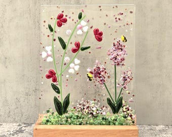 Hearts and Flowers Fused Glass Cottage Garden with Wooden Stand, Fused Glass Nature Panel,  Garden Candle Screen, Garden Art