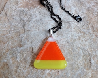 Fused Glass Candy Corn Pendant, Halloween Jewelry, Halloween Pendant, Fused Glass Pendant,  Candy Corn Fused Glass Pendant