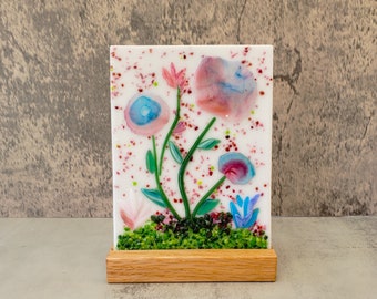 Pink and Blue Fused Glass Flower Garden with Wooden Stand, Fused Glass Nature Panel, Garden Candle Screen, Table Top Flower Panel