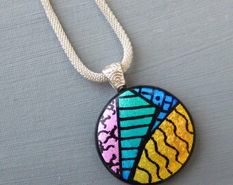 Round Fused Glass Necklace, Dichroic Fused Glass Zentangle Pendant, Hand Etched Fused Glass Pendant - Rainbow Illusion