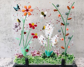 Fused Glass Bugs and Blooms Flower Garden with Choice of Stand, Summer Cottage Garden, Fused Glass Nature Panel, Candle Screen