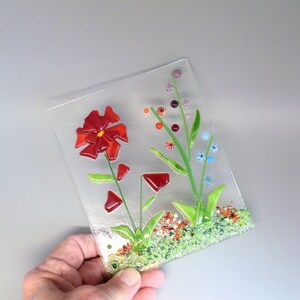 Red Fused Glass Flower Garden with Wooden Stand, Fused Glass Nature Panel, Garden Candle Screen, Garden Art, Spring Summer Suncatcher image 6