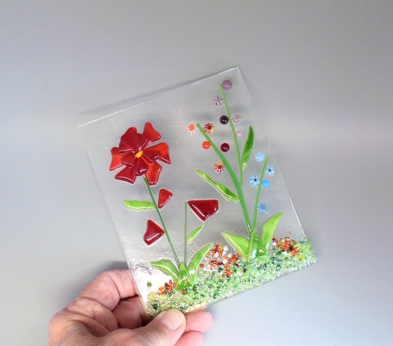 Red Fused Glass Flower Garden with Wooden Stand, Fused Glass Nature Panel, Garden Candle Screen, Garden Art, Spring Summer Suncatcher image 6