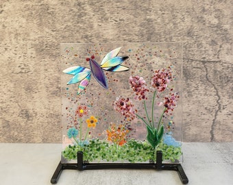 Dichroic Dragonfly Fused Glass Nature Garden with Choice of Stand, Fused Glass Nature Panel, Garden Candle Screen, Garden Art