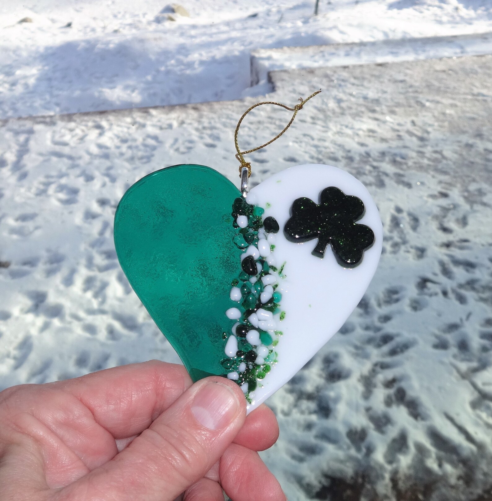 Fused Glass Irish Heart Suncatcher Green and White Glass Etsy