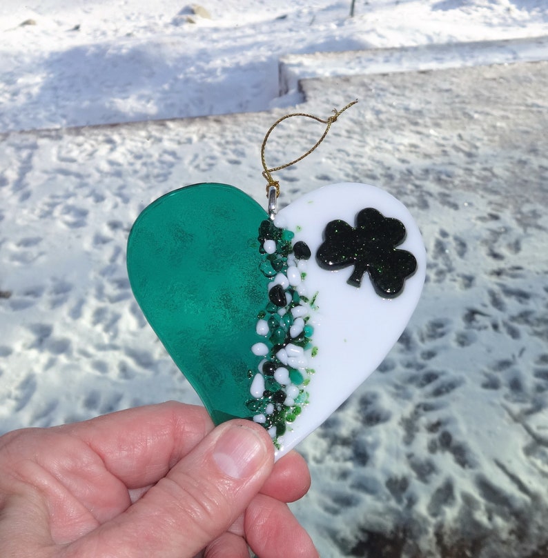 Fused Glass Irish Heart Suncatcher Green and White Glass Etsy