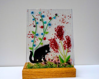 Black Cat in a Flower Garden with a  Wooden Stand, Fused Glass Nature Panel, Garden Candle Screen, Spring Summer Garden Art