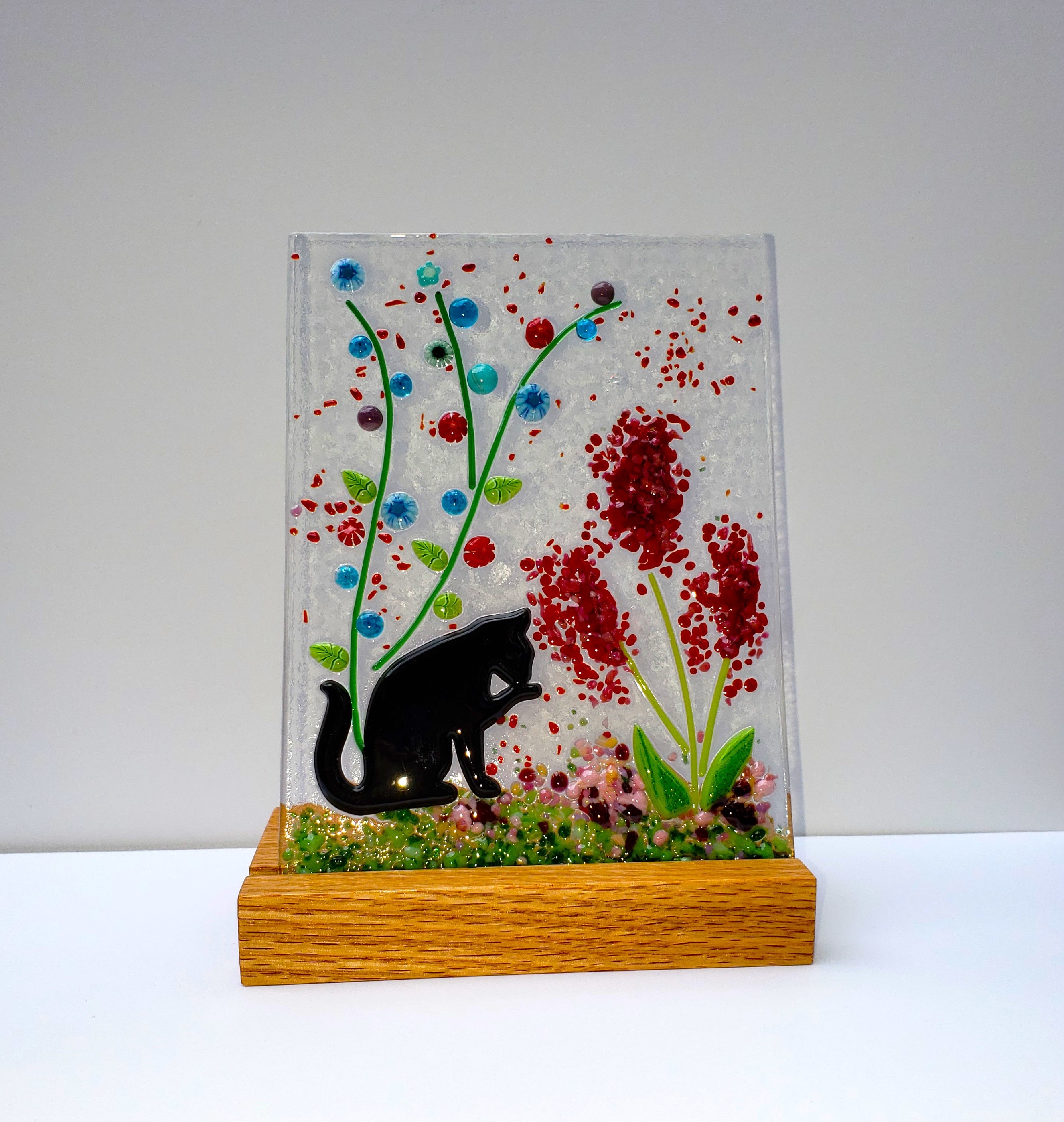 Fused Glass Black Cat Art: Flower Garden Panel with Oak Stand