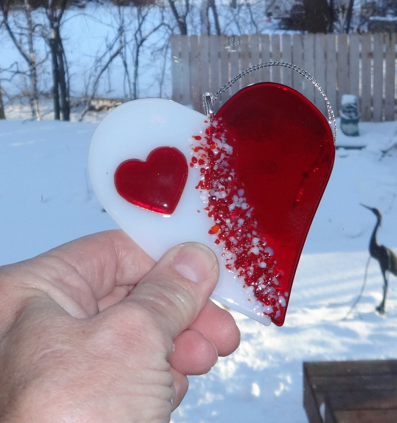Stained Glass Red and White Glass Heart Glass Valentine Heart Suncatcher Fused Glass Valentine Heart Suncatcher Here/'s my Heart