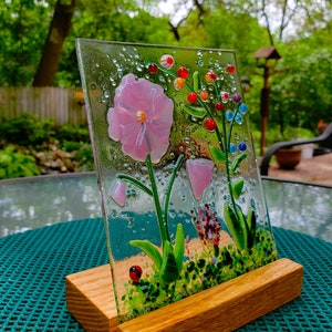 Pink Fused Glass Flower Garden with Wooden Stand, Fused Glass Nature Panel, Garden Candle Screen, Garden Art, Spring Summer Suncatcher image 5