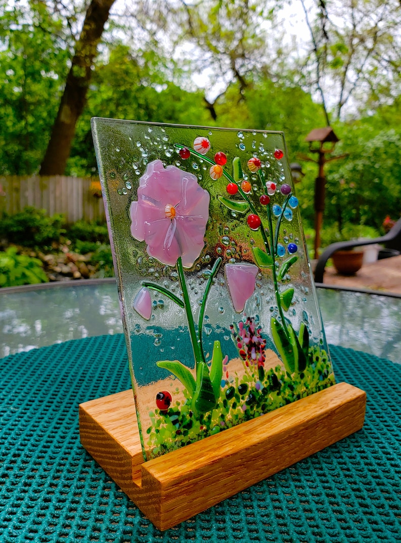 Pink Fused Glass Flower Garden with Wooden Stand, Fused Glass Nature Panel, Garden Candle Screen, Garden Art, Spring Summer Suncatcher image 5