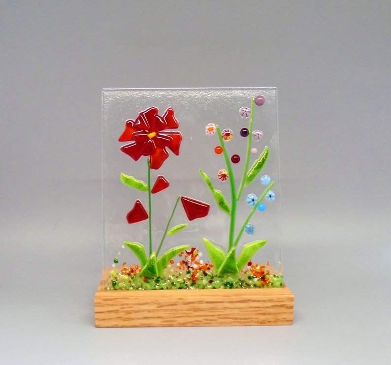 Red Fused Glass Flower Garden with Wooden Stand, Fused Glass Nature Panel, Garden Candle Screen, Garden Art, Spring Summer Suncatcher image 8