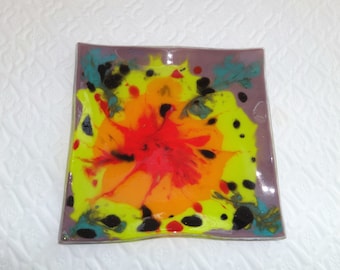 Tie Dye Fused Glass Art Dish, Fused Glass 1960's Era Multi Colored Plate, Tealight Candle Holder, Trinket Tray, Hippie Glass Plate