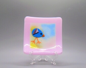 Fused Glass Easter Plate, Pink Spring Dish, Chicken and Egg Easter Plate,  Fused Glass Dish, Pink Glass Candy Dish, Pillar Candle Holder