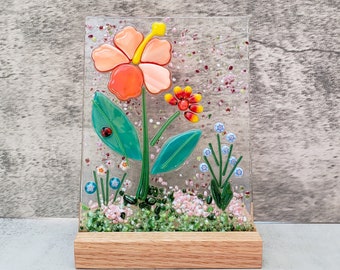 Hawaiian Inspired Orange and Yellow Hibiscus Fused Glass Flower Garden with Wooden Stand,  Nature Panel,  Garden Candle Screen, Garden Art