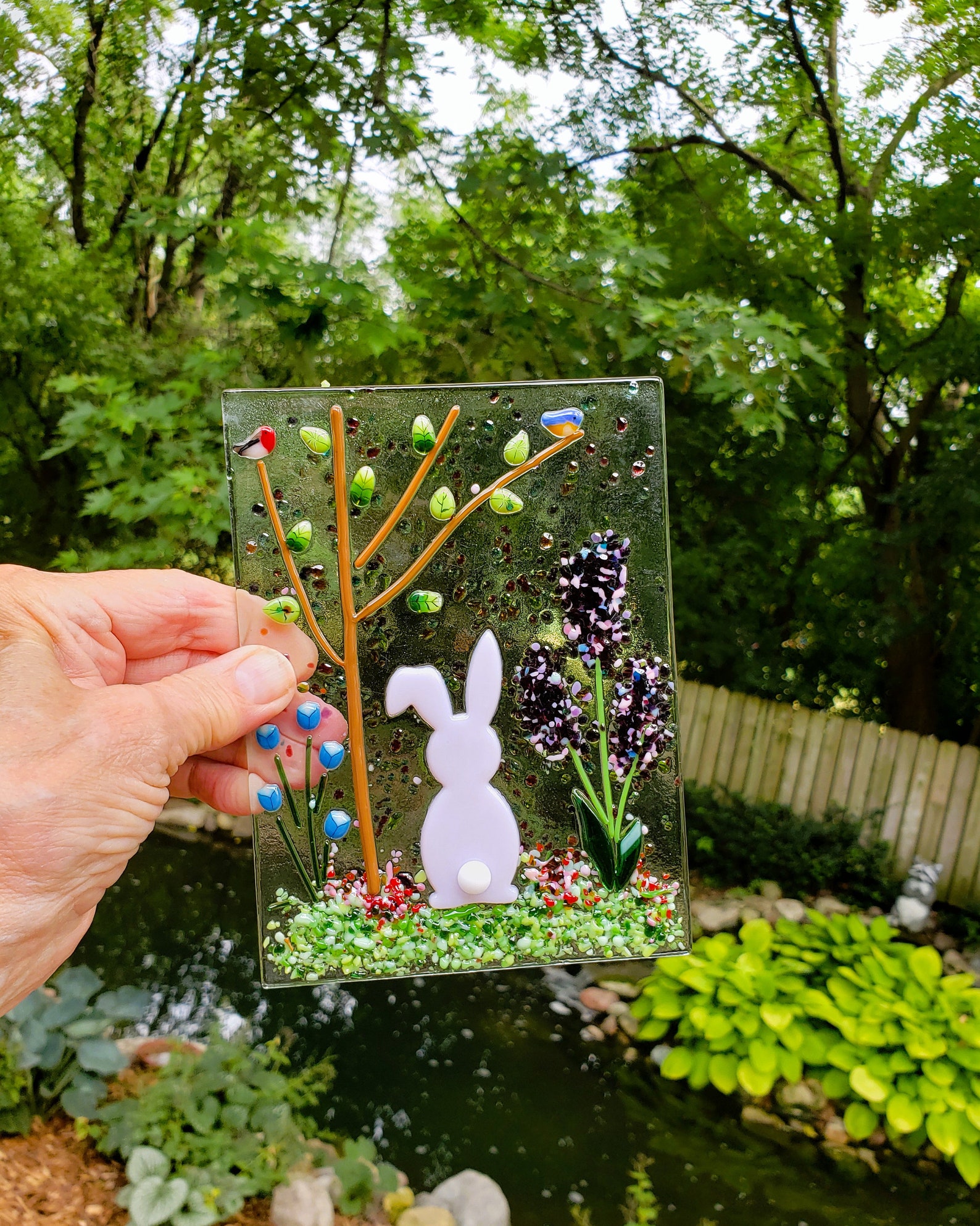 Fused Glass Rabit Pink Bunny in a Flower Garden With Oak Stand, Fused Glass Rabbit Nature ...