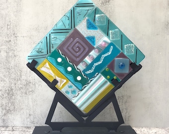 Colorful Geometric Fused Glass Panel with Wrought Iron Display Stand, Dichroic Fused Glass Table Top Art Sculpture--Cool Colors