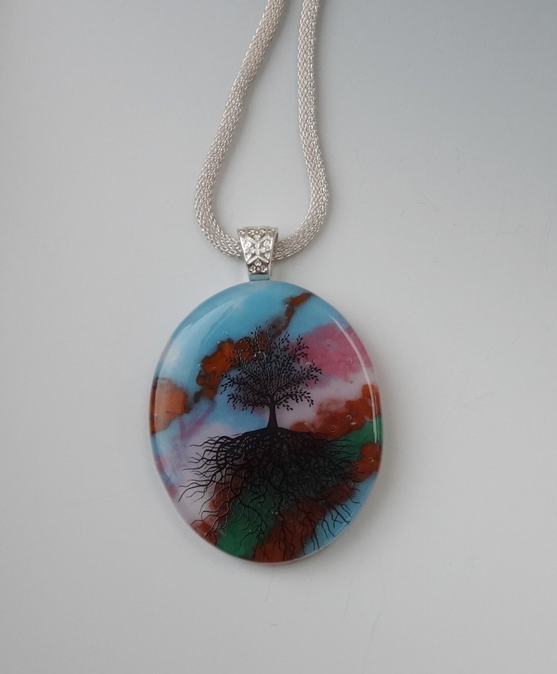 Blue and Pink Glass Pendant Tree of Life Pendant Stone Look Glass Pendant -Tree of Life Fused Glass Pendant Oval Fused Glass Pendant