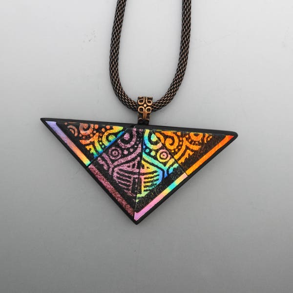 Stained Glass Look Triangle Pendant, Zentangle Dichroic Glass Pendant, Contemporary Rainbow Necklace, Dimensional Glass Pendant