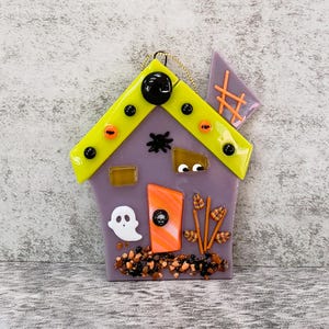 Purple Fused Glass Haunted House,  Small Halloween Haunted House Ornament, Sun Catcher, Spooky Halloween House