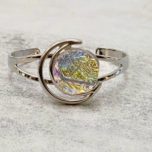 Dichroic Fused Glass Bangle Bracelet, Gold and Silver Dichroic Glass Bracelet, Rhodium Plated Crescent Moon Bracelet