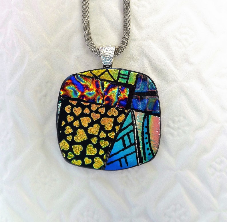 Hand Engraved Pendant Square Dichroic Fused Glass Necklace Dichroic Jewelry Statement Necklace Zentangle Glass Pendant Signs of Spring