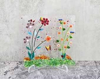 Fused Glass Butterflies, Birds and Blooms Flower Garden with Choice of Stand, Summer Cottage Garden, Fused Glass Nature Panel, Candle Screen
