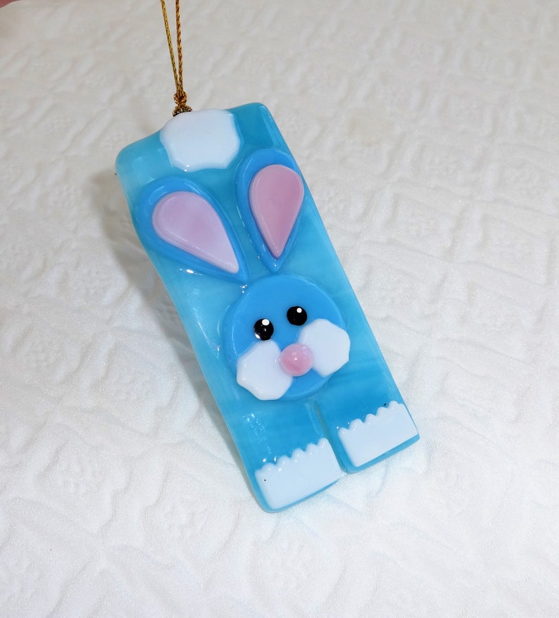 Blue Fused Glass Easter Bunny Sun Catcher, Summer Ornament, Rabbit Suncatcher, Fused Glass Holiday Suncatchers image 1