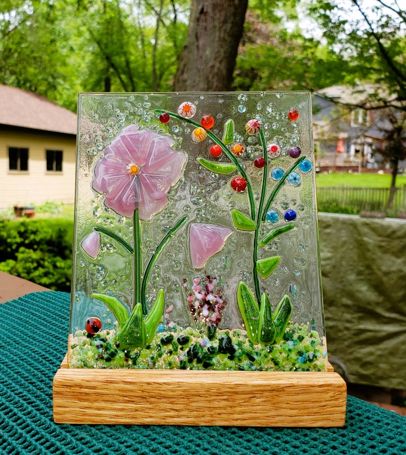 Pink Fused Glass Flower Garden with Wooden Stand, Fused Glass Nature Panel, Garden Candle Screen, Garden Art, Spring Summer Suncatcher image 7