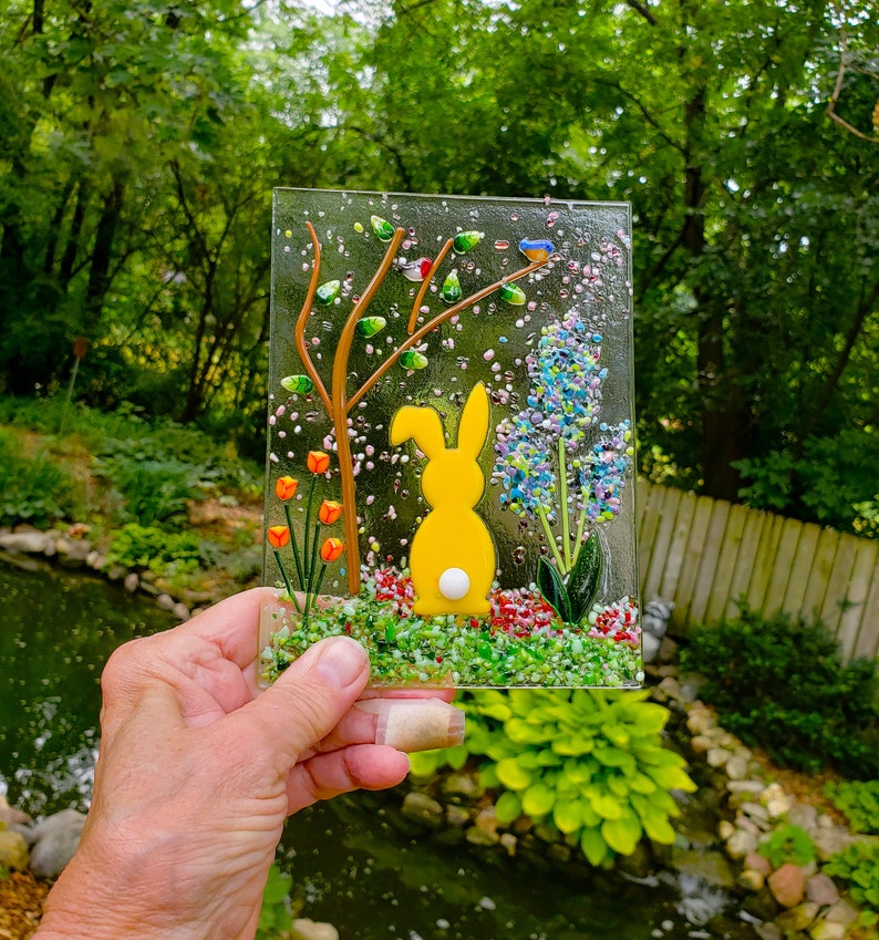 Fused Glass Rabit Fused Glass Rabbit Garden Panel With Oak Stand, Spring Decor - Etsy